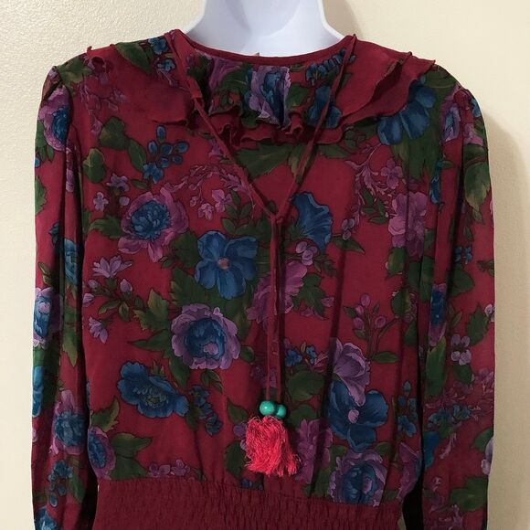 Vintage Maroon Bohemian Hippie Whimsygoth Romantic Dark Fairy Silk Maxi Dress OS - Picture 8 of 12